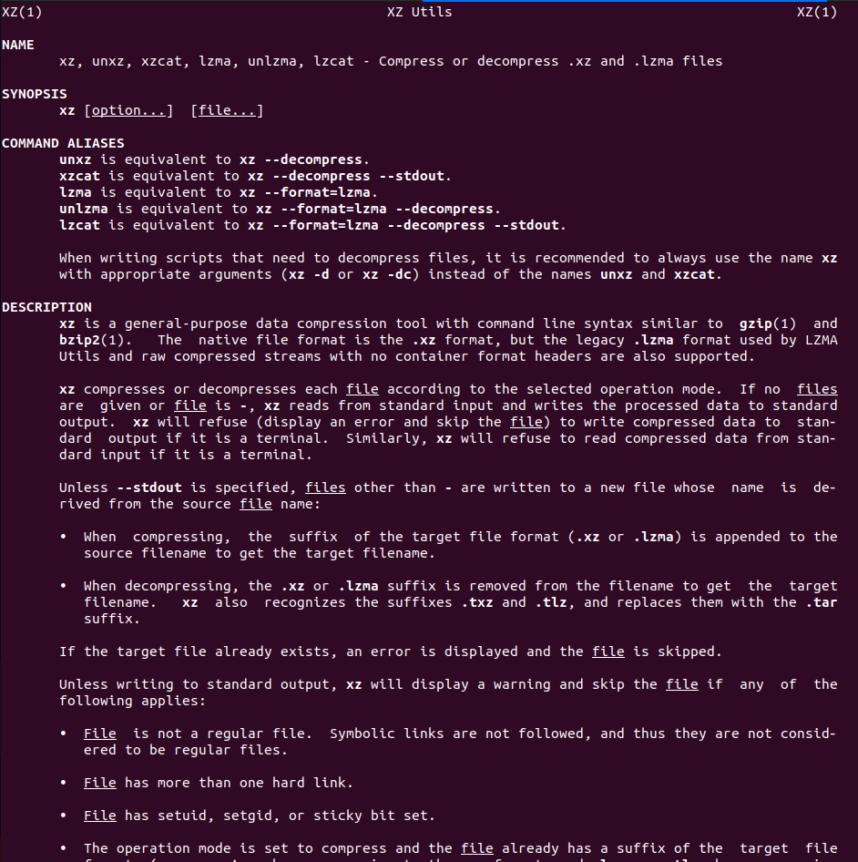 Capture d'écran du manuel Unix de xz : nom, synopsis, alias de commandes et description de l'outil de compression