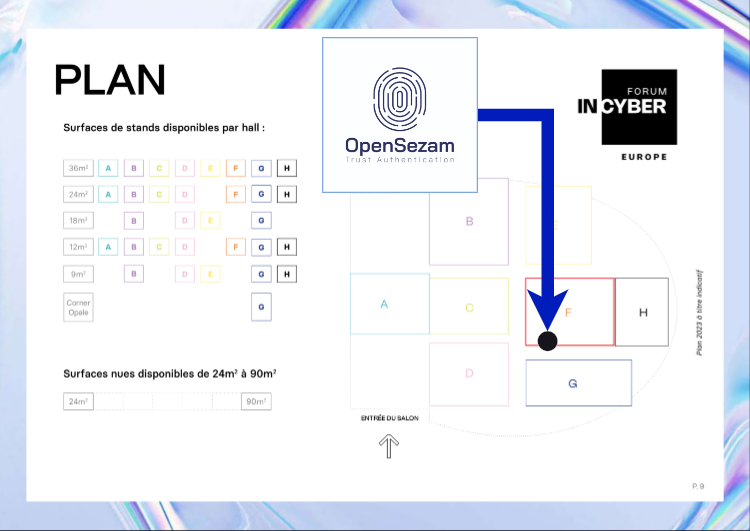 Plan du salon Forum InCyber 2024 : une flèche désigne l'emplacement du stand Open Sezam, dans le hall F, à droite de l'entrée
